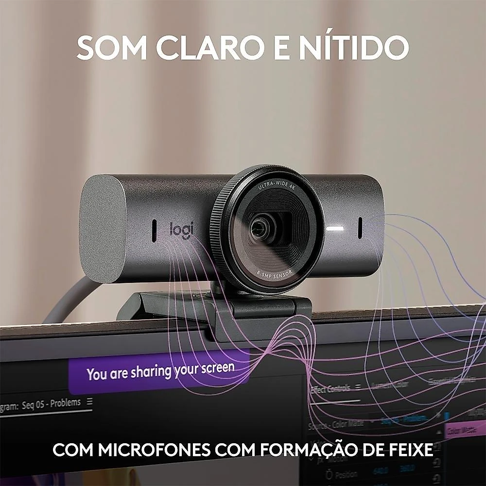 Webcam Ultra HD 4K Logitech MX Brio Com Microfones com Redução de Ruído, Protetor de Privacidade e Conexão USB-C, Grafite - 960-001548