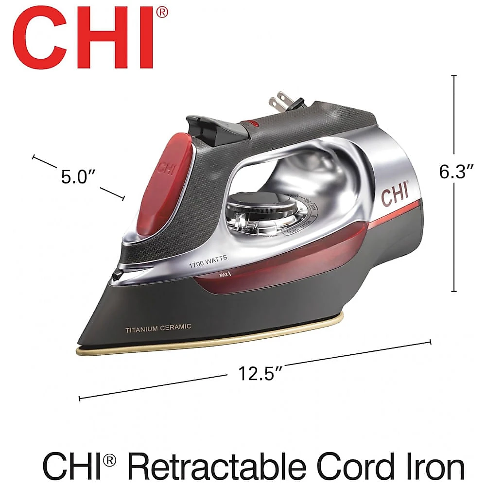 Ferro a Vapor CHI com Cabo Retrátil, 1700 Watts, Desligamento Automático 3 Vias, 400 Furos, Placa de Cerâmica com Titânio Infundido