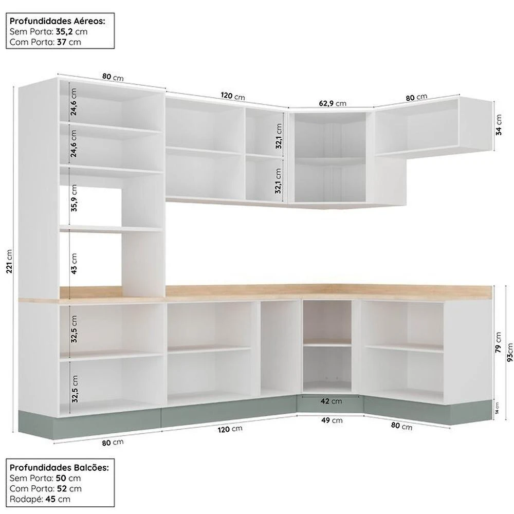 Miniatura Cozinha Modulada 7 Peças com Tampo 1 Torre 3 Aéreos 3 Balcões Arizona Cabecasa Madeiramadeira Figueira/Menta