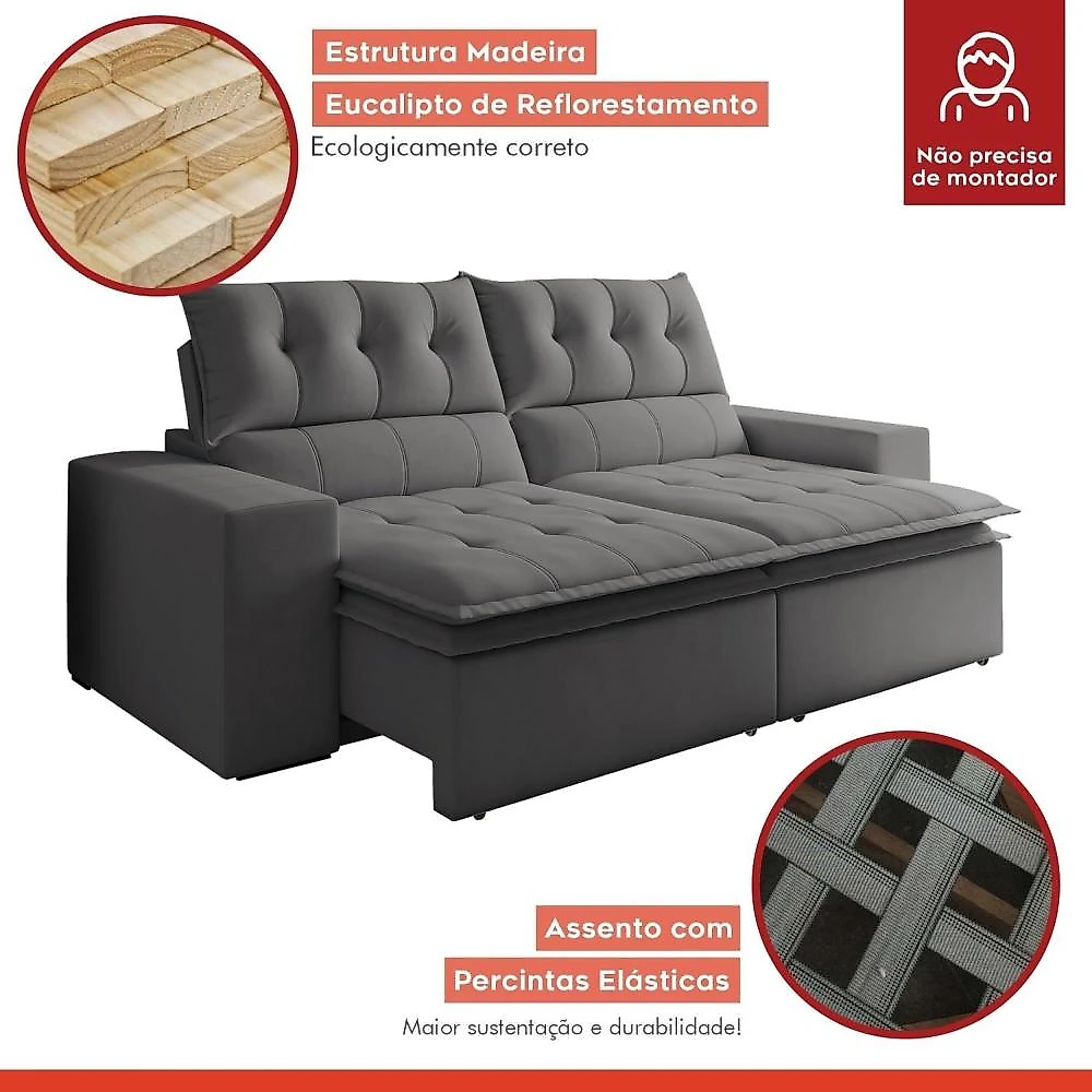 Sofá Retrátil e Reclinável 4 Lugares Pillowtop Duplo Paris Sofá Retrátil e Reclinável 4 Lugares Pillowtop Duplo M118 Veludo/Cinza