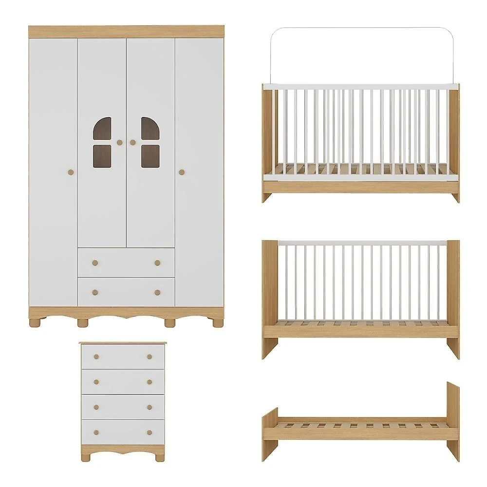 Quarto De Bebê Completo Berço 3 Em 1 P-colchão 130x60cm Aurora Multimóveis MP4556 Madeirado-branco