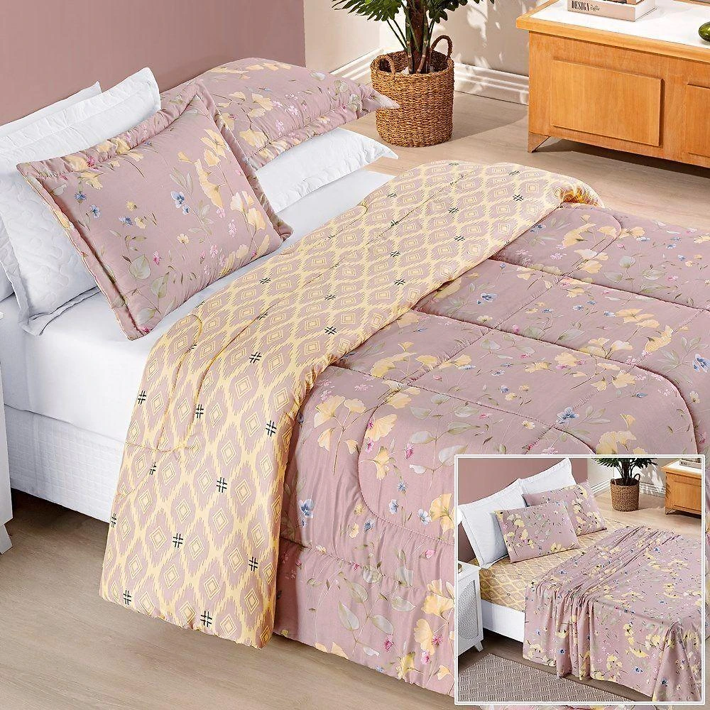 Edredom 2,40m X 2,20m + Jogo De Cama Dupla Face Bouti Queen 07 Peças 100% Poliéster - Lavanda