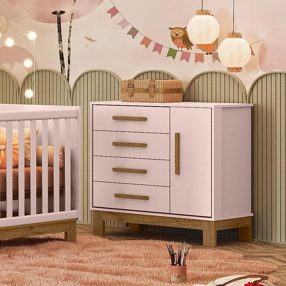 Quarto para Bebê Completo 3 Peças Guarda-Roupa, Cômoda e Berço Encanto Slim Quarto para Bebê Completo com Roupeiro Cômoda e Berço Encanto Slim Rosa Acetinado
