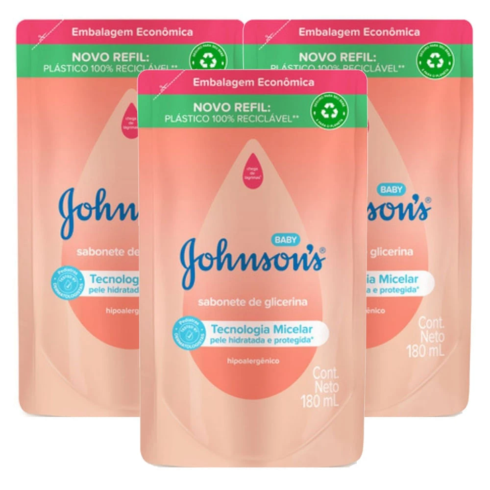 Sabonete Líquido de Glicerina Johnson's Baby Refil 180ml | Kit com três unidades