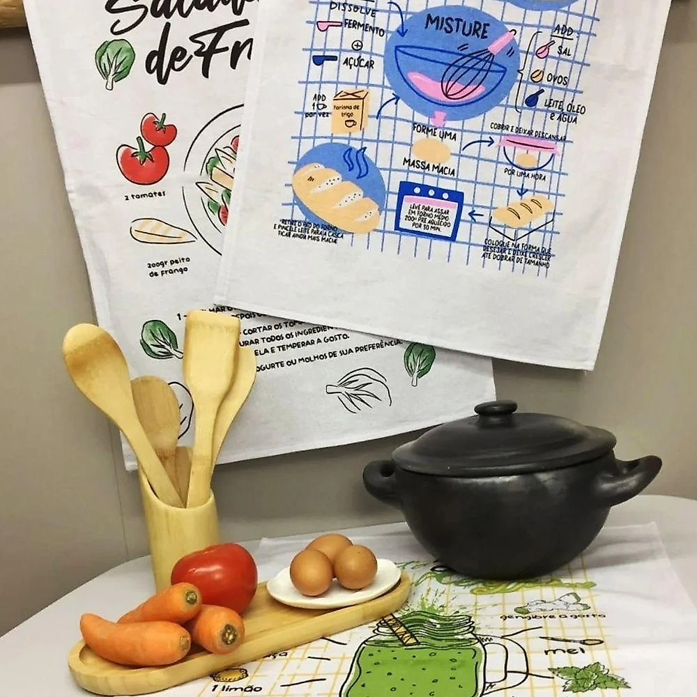 Kit 4 Pano de Prato Copa Kazzavip Sacaria Estampado Receitas 50cmx70cm Branco Lomaer