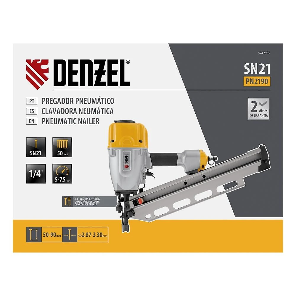 Pregador pneumático pinos sn21 50-90mm pn2190 denzel 5742955