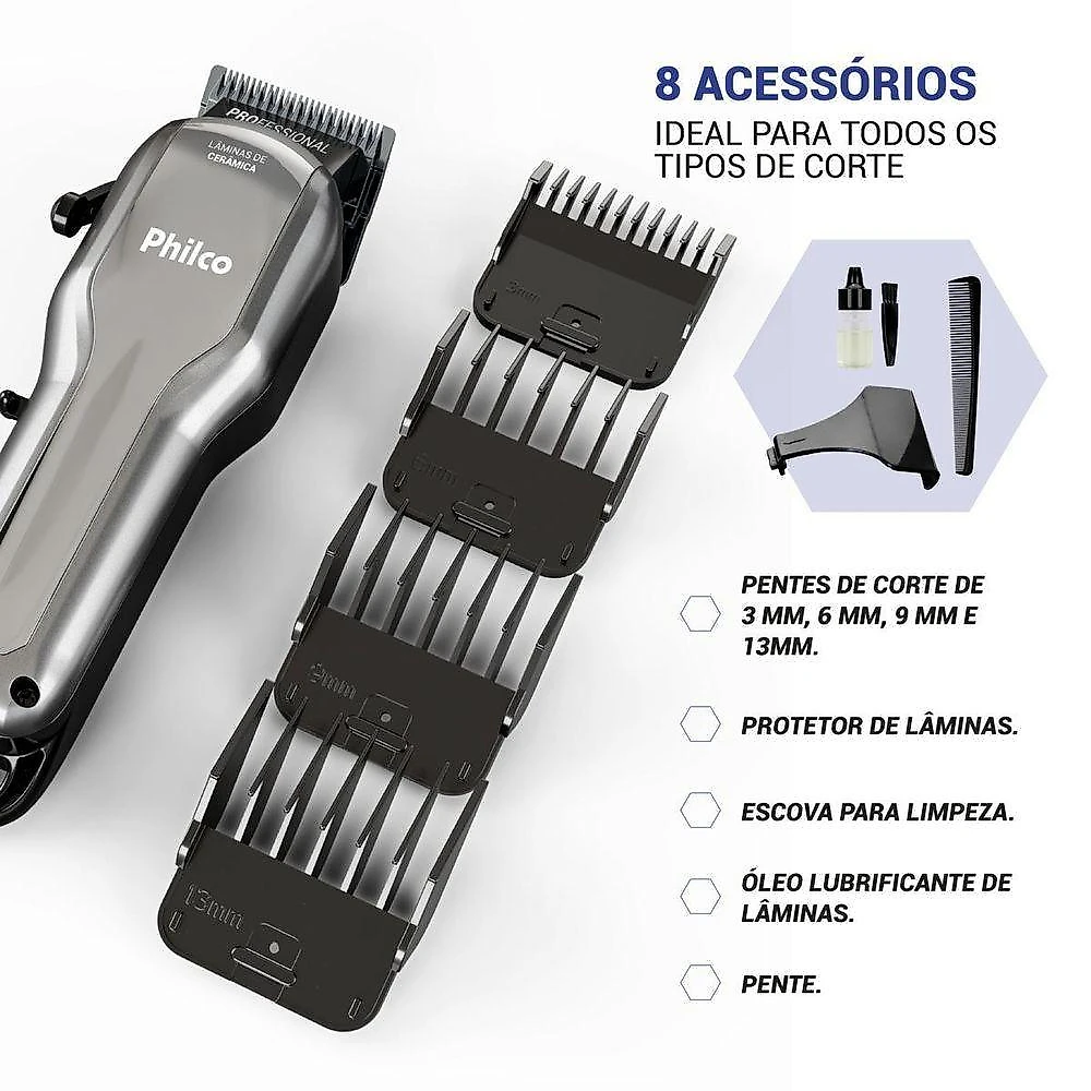 Máquina de Cortar Cabelo Philco 8 Acessórios 10W PCR07 Bivolt