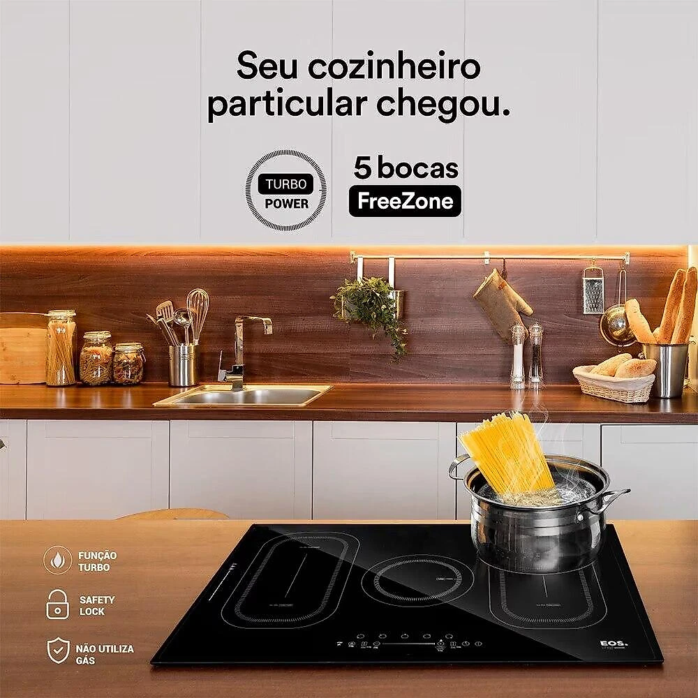 Cooktop de Indução Cinco Bocas EOS 90cm Freezone Due Preto 9500W ECI05EPF 220V