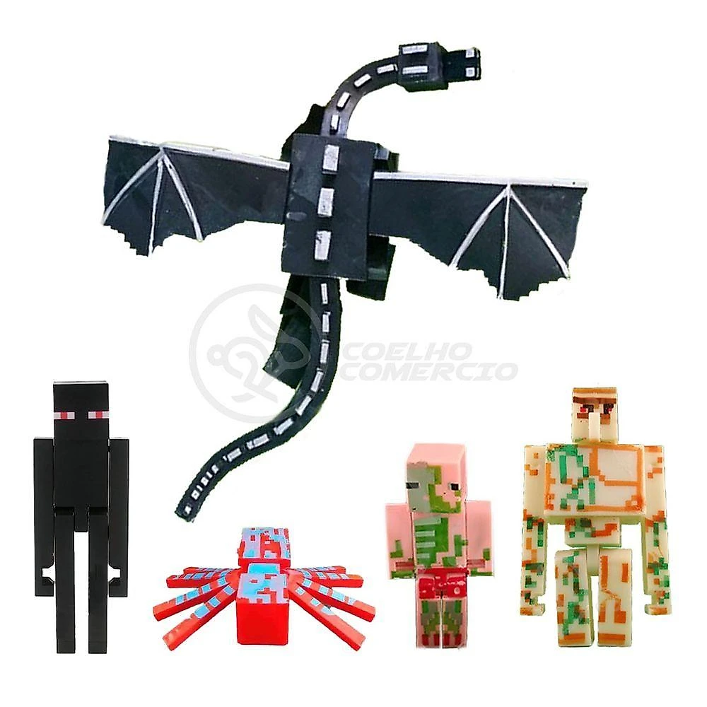 Kit 2 Cartela Minecraft Dragão 10 Bonecos + 2 Bloco Ender Dragon Brinquedo Infantil Bed Wars Pigman