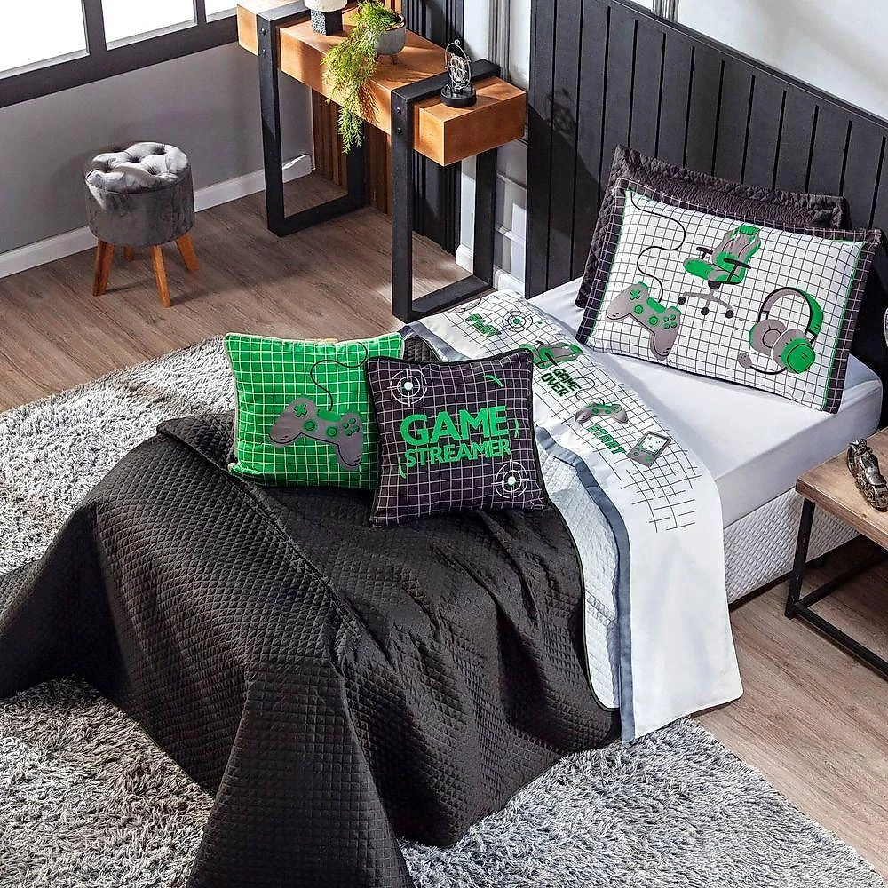 Kit Cobre Leito Colcha Casal Padrão Game Streamer Verde Dupla Face Com Almofadas Estampadas 07 Peças