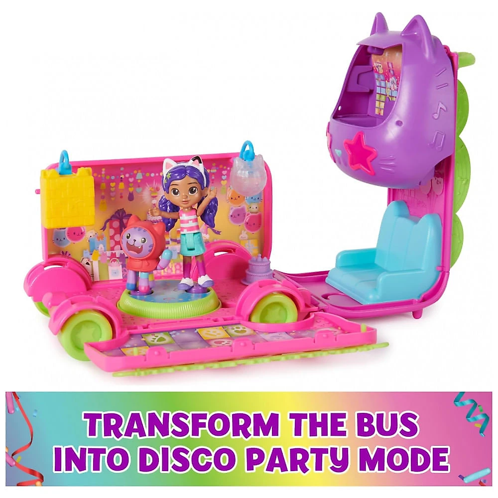 Ônibus de Festa da Gabby's Dollhouse, Playset Transformável com Boneca DJ Gabby Catnip e Acessórios de Casa de Bonecas, Brinquedos para Crianças