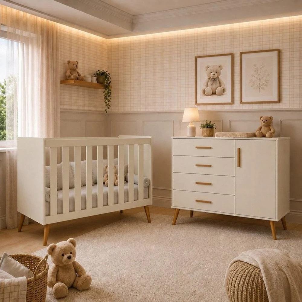 Quarto de Bebê Completo Isis / Berço 2 em 1, Cômoda Sapateira 100% MDF Areia
