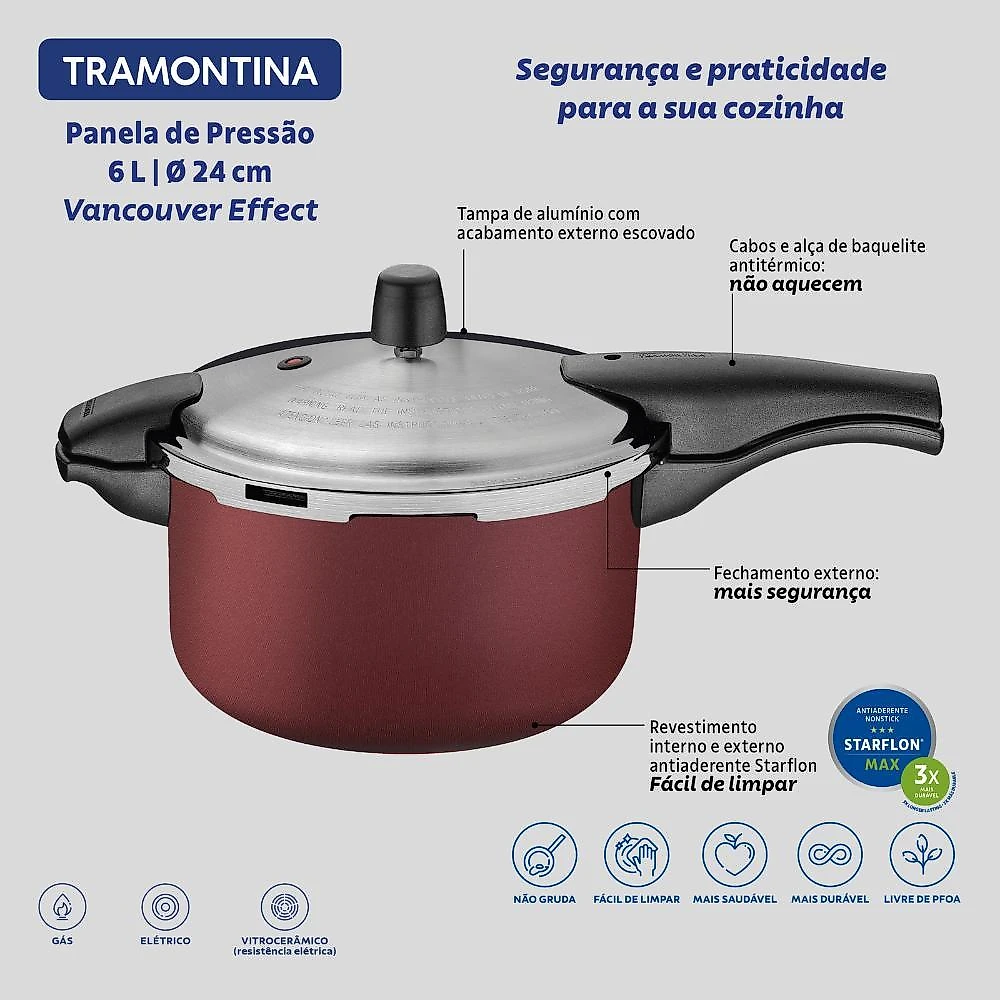 Panela de pressão tramontina 6 litros grande vancouver vermelha