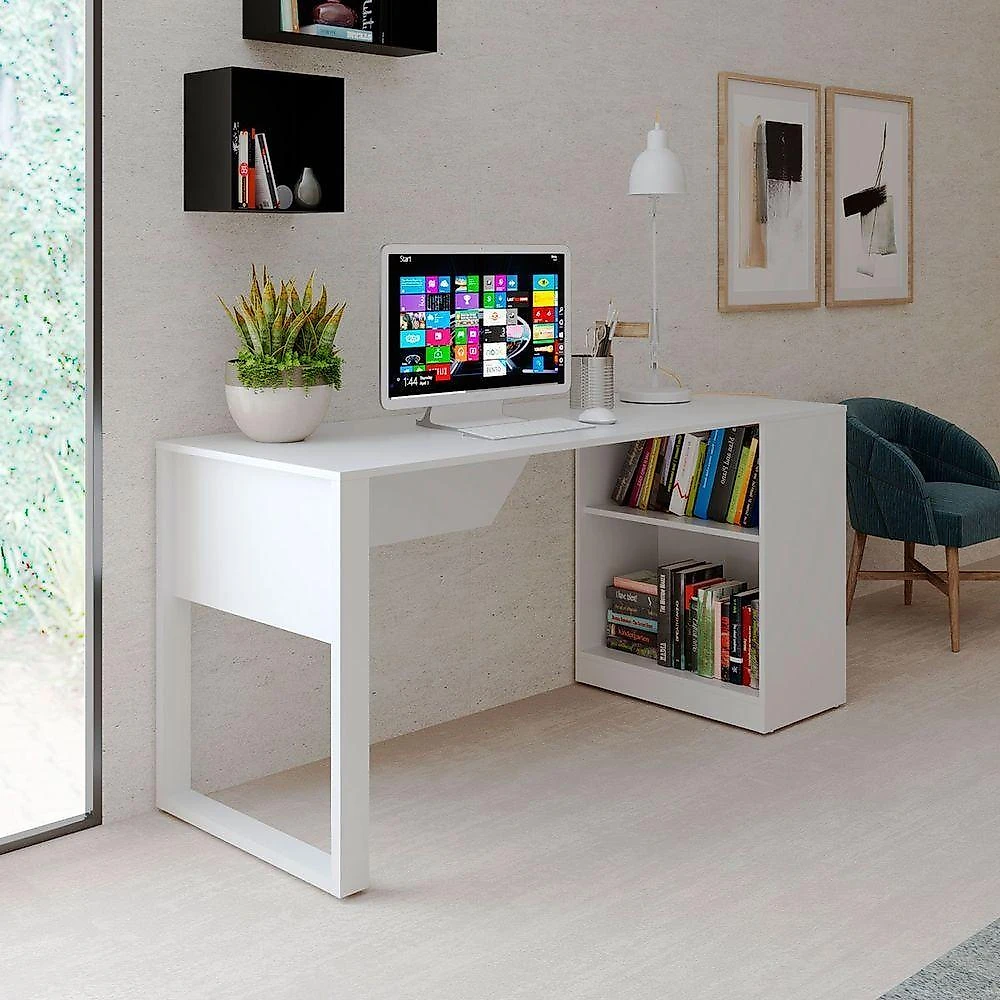 Mesa para Escritório Retangular com Armário Lateral 160CM Moderno MDP Branco Tecnomobili