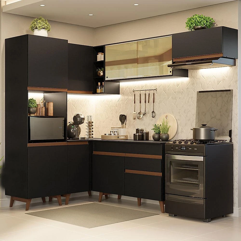 Armário de cozinha completa de canto 392cm preto reims madesa 03