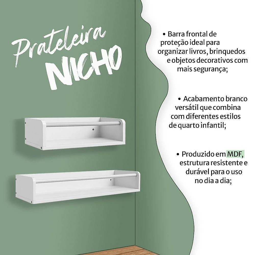 Kit 2 Nichos de Parede MDF 62CM e 32CM Parafuso Infantil Branco Infantile Móveis