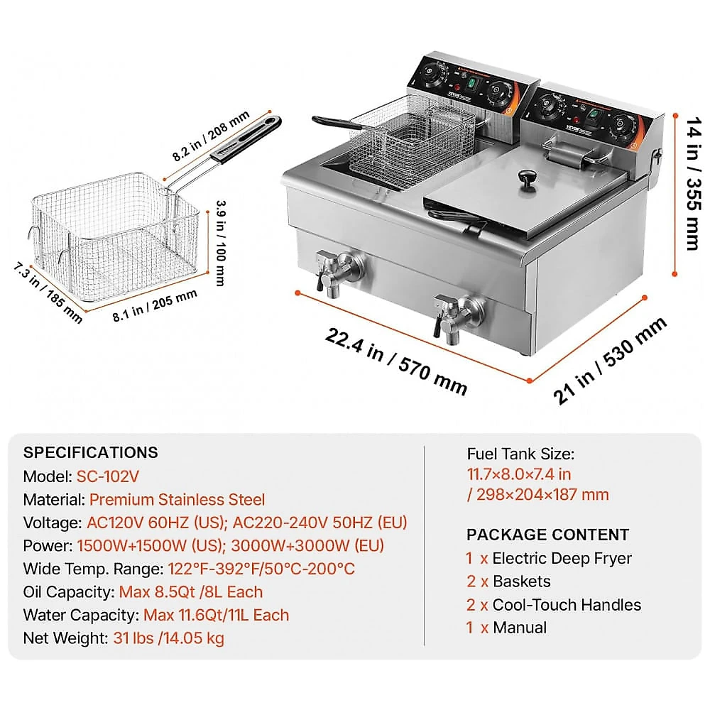 Fritadeira Elétrica Profissional VEVOR Duplo Tanque 22L Inox Temporizador Escorredor 110V
