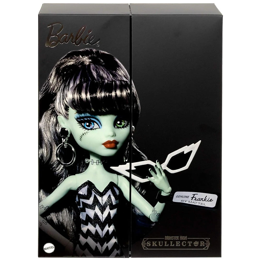 Boneca colecionável Monster High x Barbie Frankie Stein com maiô listrado e vestido preto de gala 2025