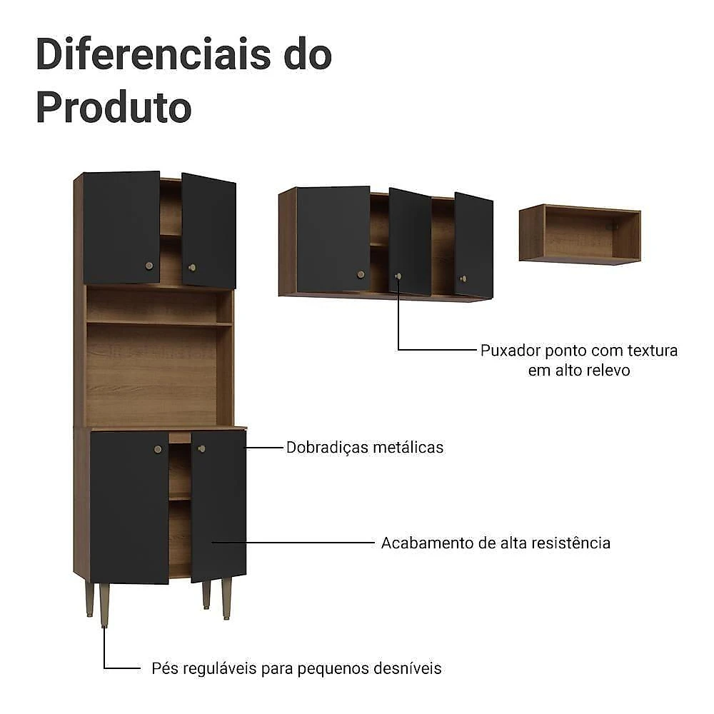 Armário De Cozinha Compacta 235cm Rustic/preto Gourmet Madesa Xa03 Rustic/preto