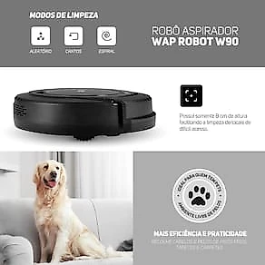 Aspirador Robô Wap Robot W90 Autonomia 1h20 Sensores Antiqueda e Anticolisão Bivolt Preto