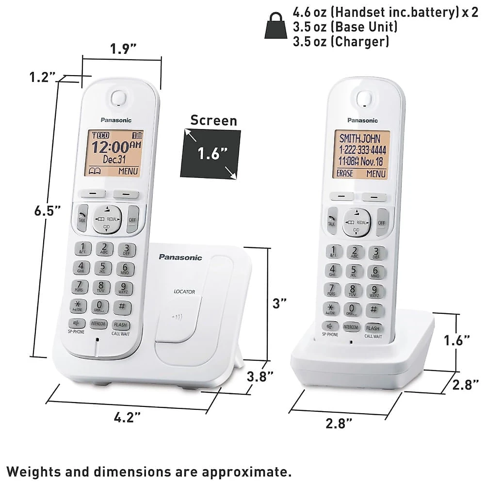 Telefone Sem Fio Panasonic, Display Iluminado de 4,06 cm, Bloqueio de Chamadas, Viva-Voz, 10h de Conversação, 2 Handsets KXTGC202W Branco