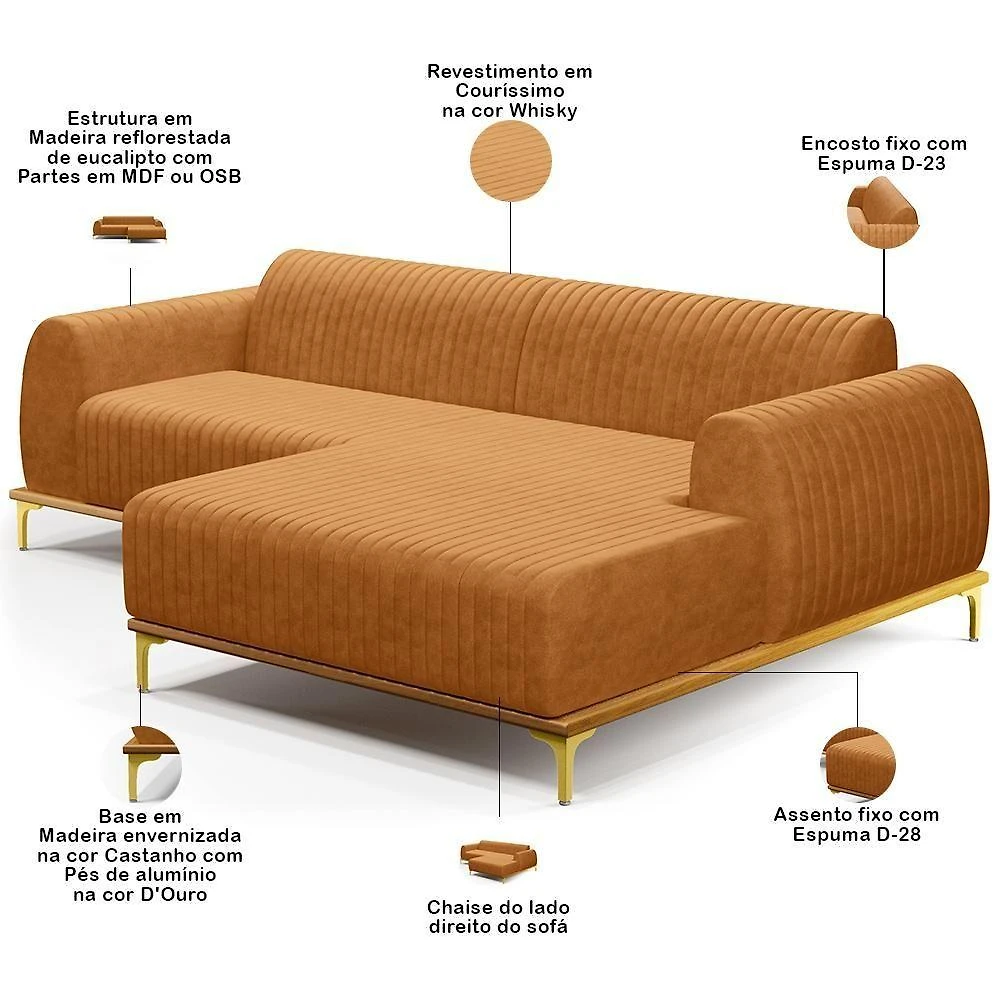 Sofá 5 Lugares Chaise Direito Sala Molino 300cm D02 Pés D\'ouro Couríssimo Whisky B-90