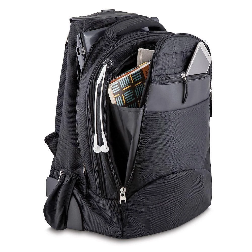 Mochila Executiva em Poliéster 600 e Nylon Rip Stop Preto com Haste em Alumínio e Rodinhas