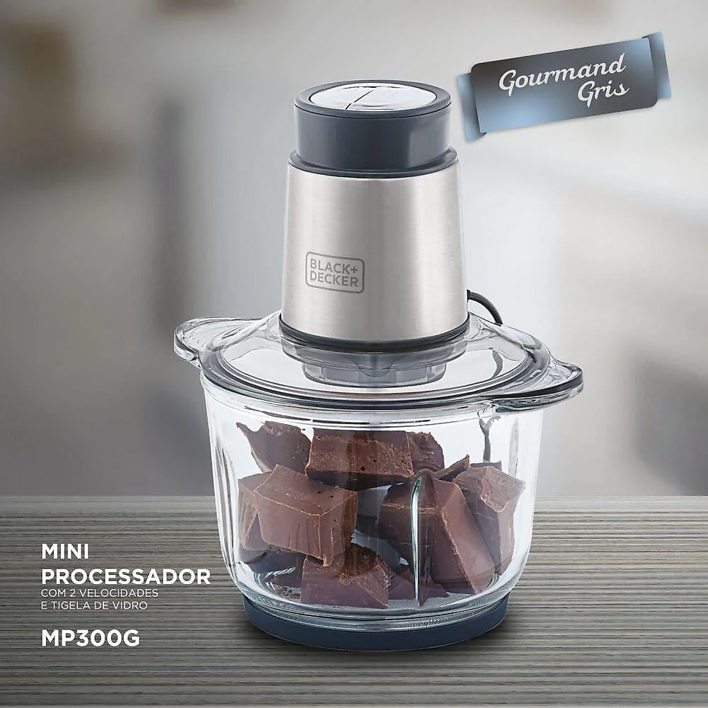 Miniprocessador de alimentos black decker mp300g antiaderente em inox, modo de 2 ou 4 lâminas com 2 velocidades - 300w 110