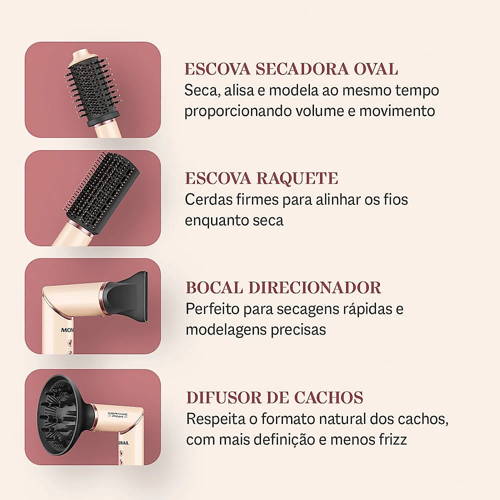 Secador de Cabelo 5 Em 1 1500W Mondial Rosa 220V Rosa - 220V
