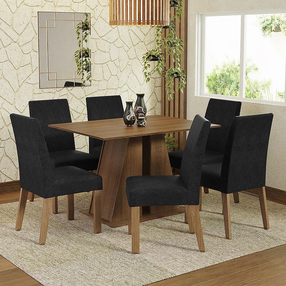 Conjunto sala de jantar mesa tampo de madeira 6 cadeiras rustic/oxford cheryl madesa