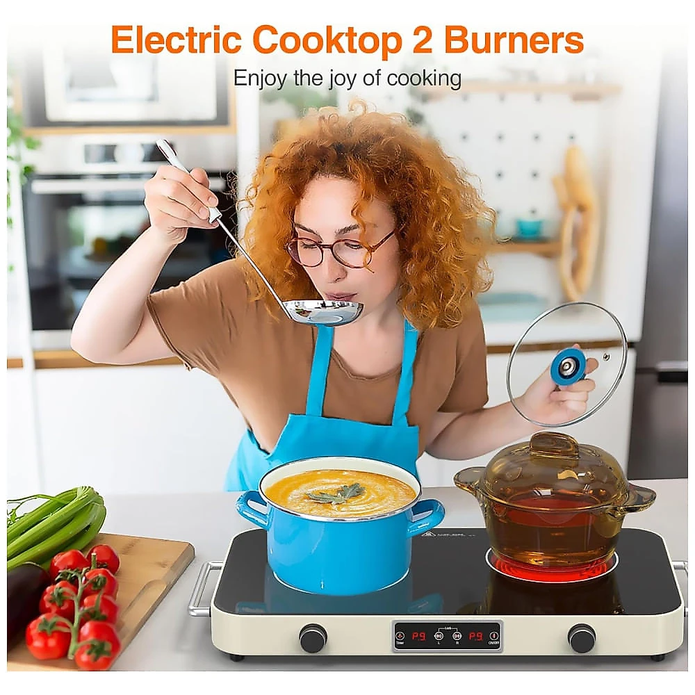 Cooktop Elétrico Portátil de Indução com 2 Bocas, 9 Níveis de Potência, Temporizador, 2 Alças, Controle de Botão e Trava de Segurança para Crianças, 110v