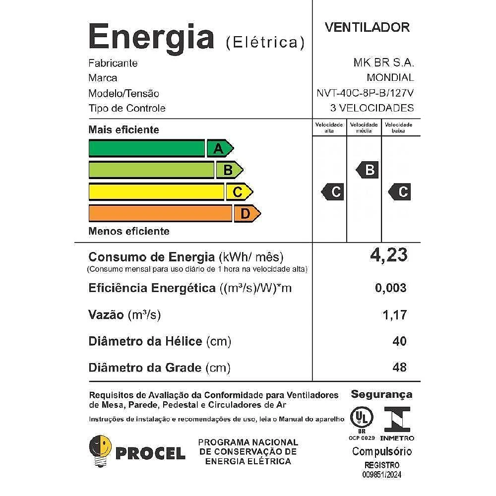 Ventilador de coluna mondial nvt-40c-8p-b turbo 40cm 8 pás preto 127v 3799-01