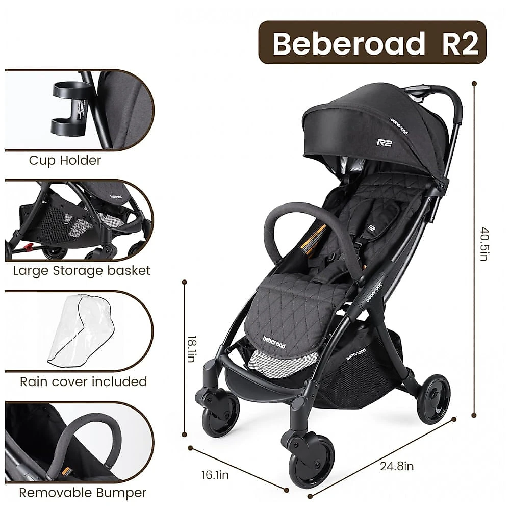 Carrinho de Bebê Beberoad R2 Preto Ultra Compacto para Viagem Dobrável com Uma Mão até 20,4 kg