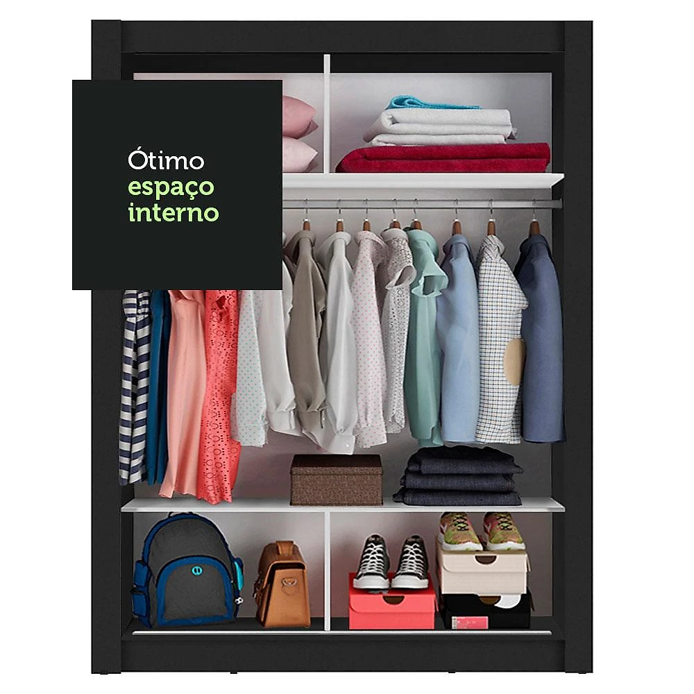 Guarda-Roupa Solteiro Madesa Denver 2 Portas de Correr com Espelho - Preto Preto