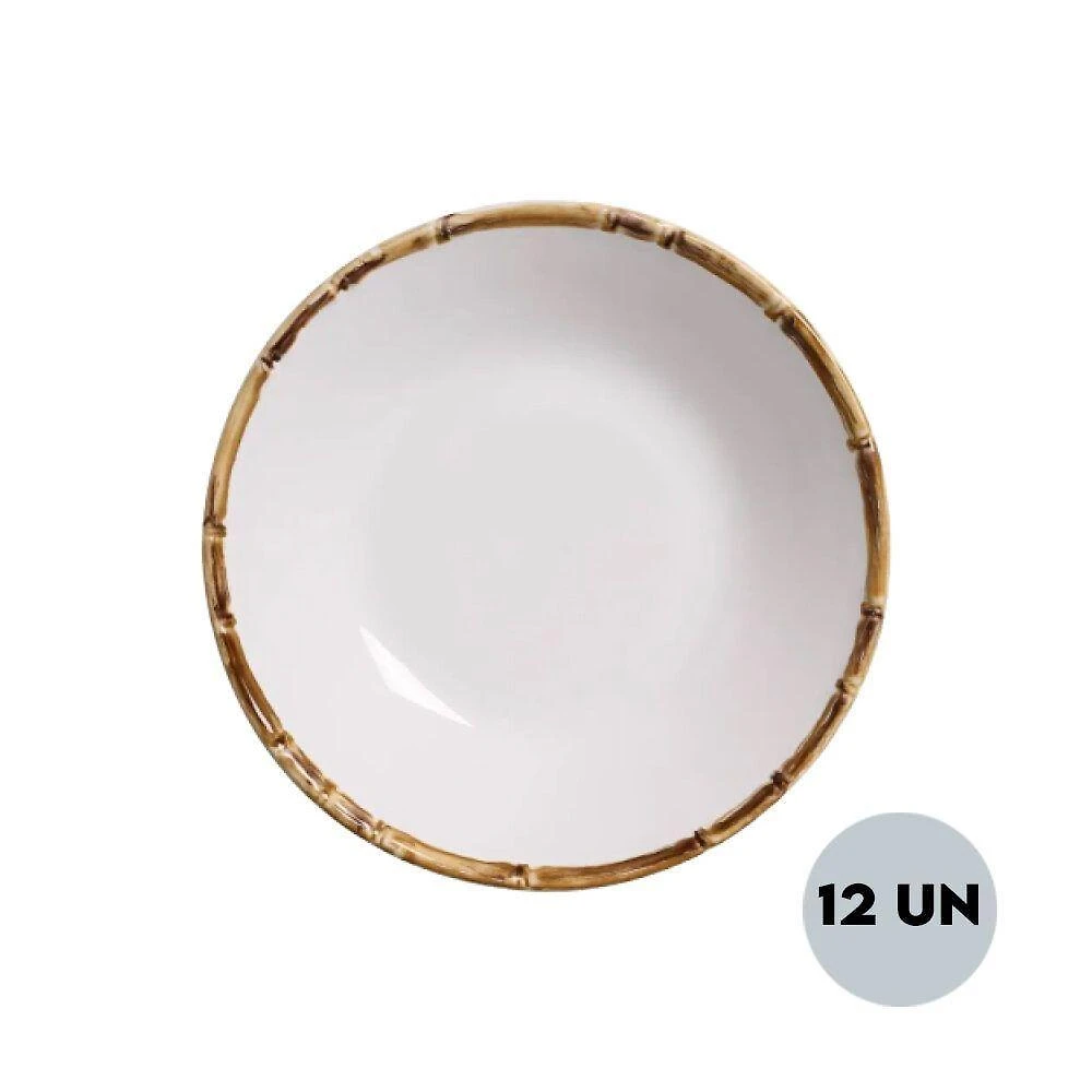 Jogo 12 Pratos Fundo Bowl Coup Cerâmica Bambu Scalla 20cm