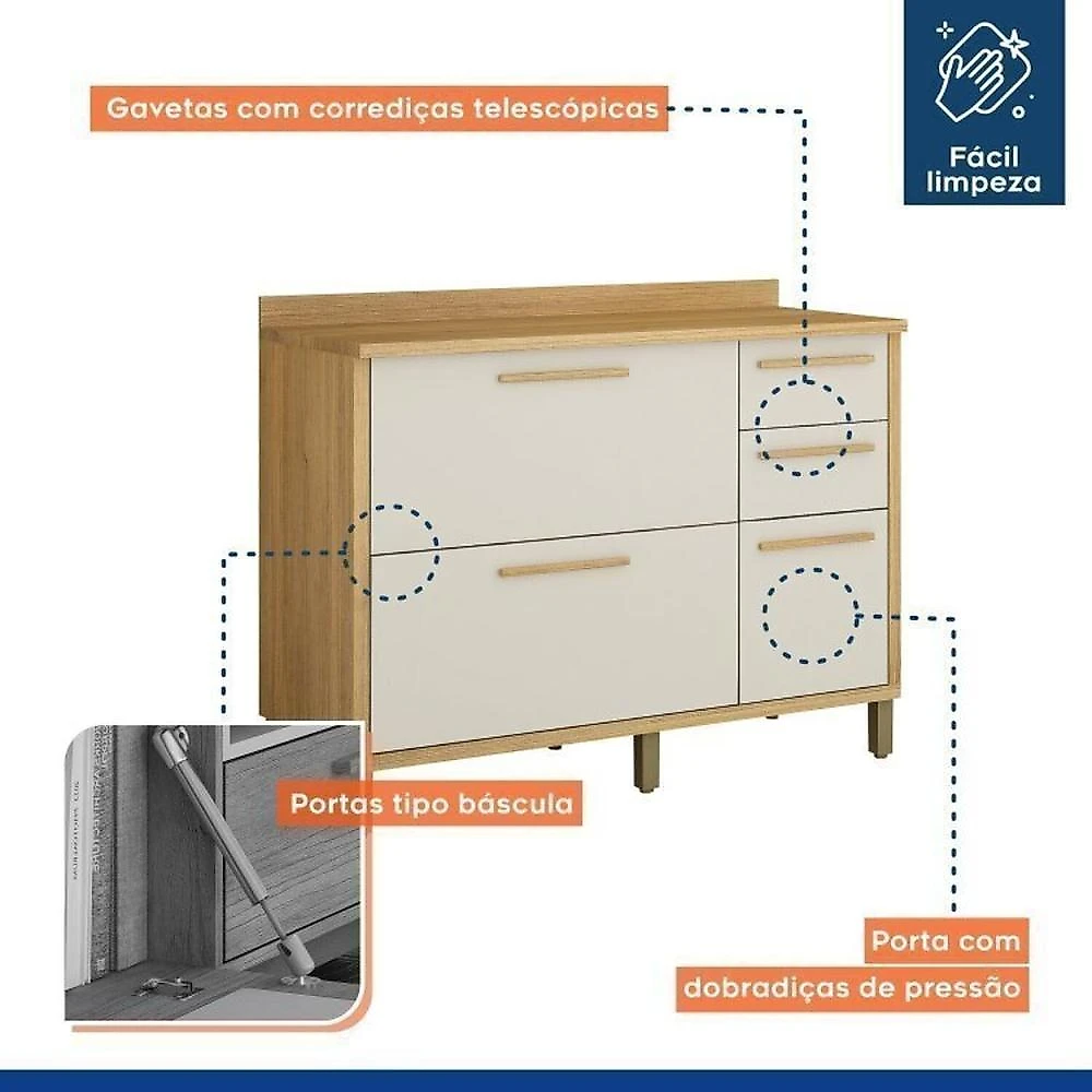 Conjunto de Cozinha Balcão 3 Portas 2 Gavetas e Armário Aéreo 120cm 3 Portas Ripado Torino Cinamomo/Off White