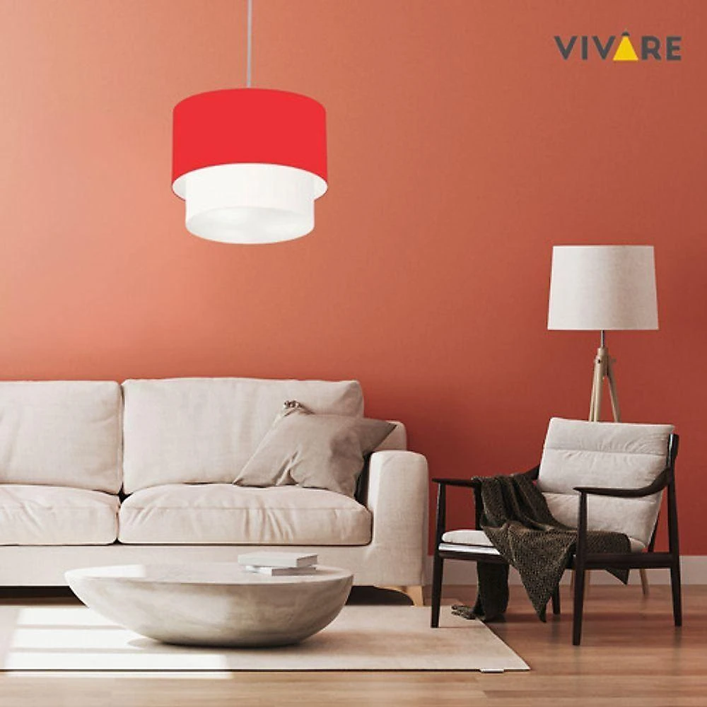 Lustre Pendente Duplo Cilíndrico Vivare Md-4354 Cúpula Tecido 45x40cm - Bivolt Vermelho-branco 127/220v