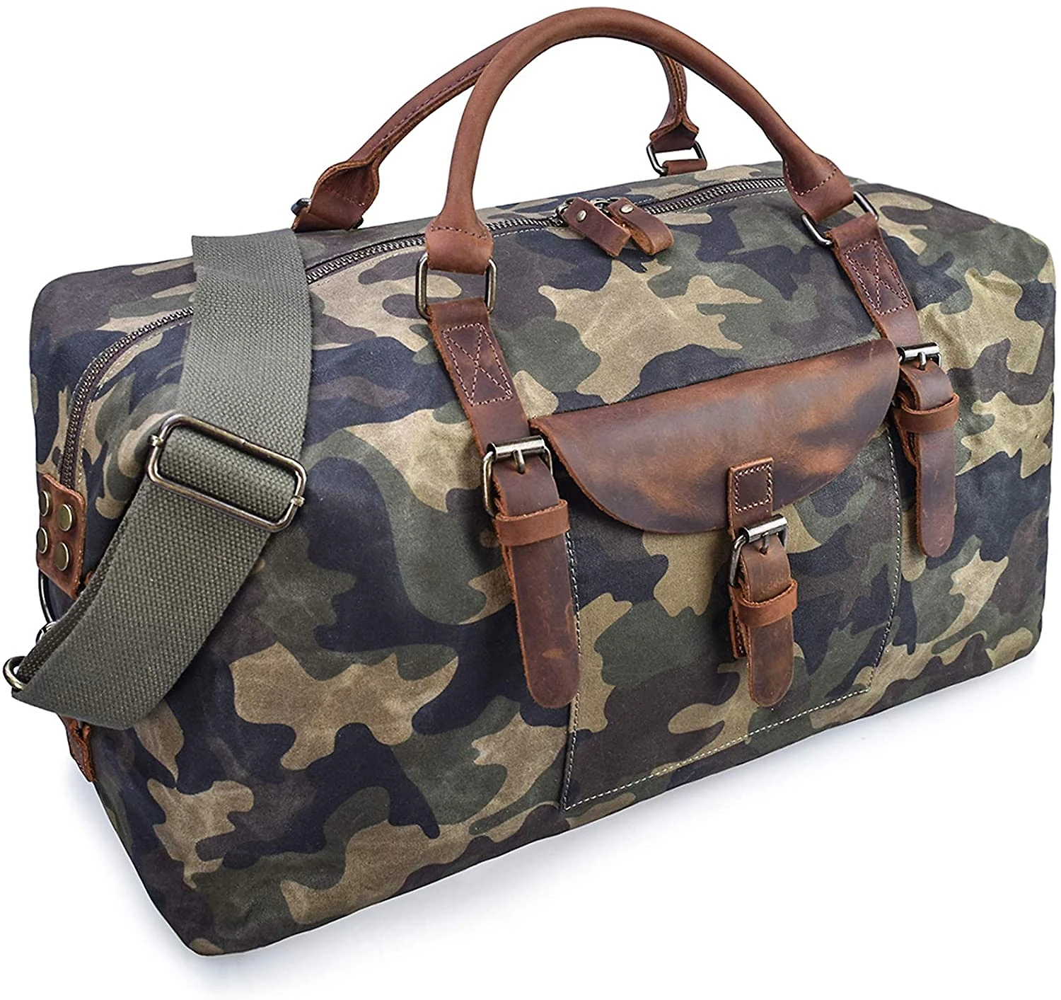 NEWHEY Bolsa de Viagem de Couro Genuíno e Lona ImpermeávelCamuflada