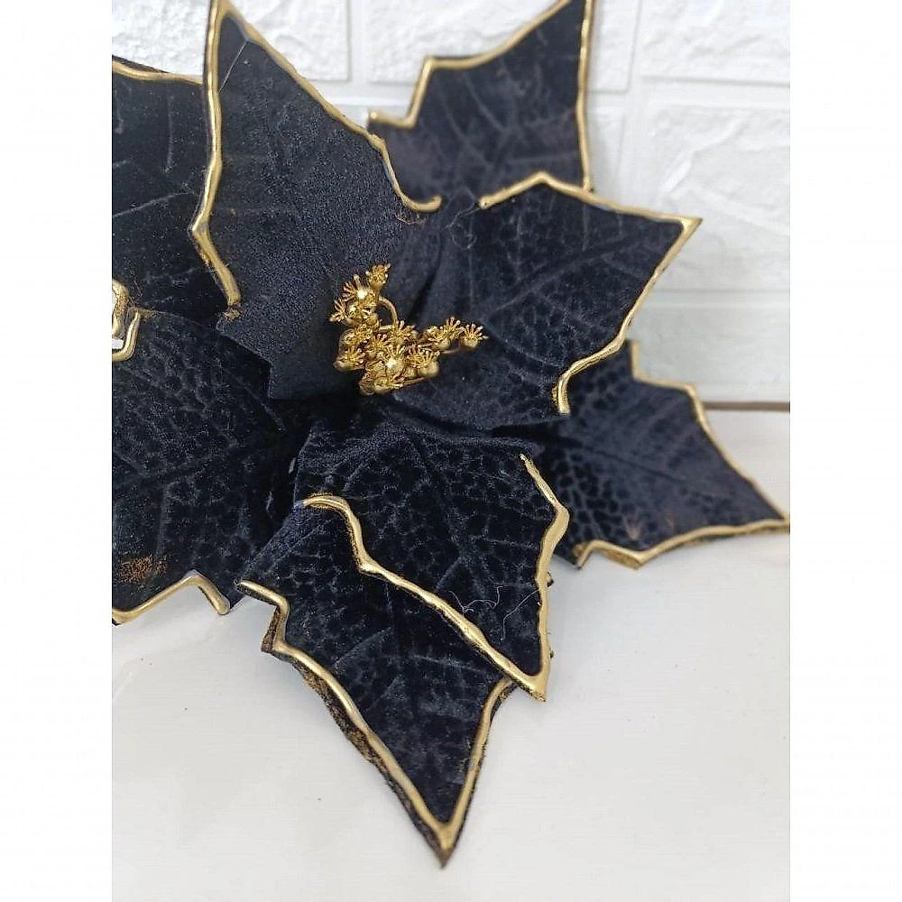 Kit Com 3 Poinsettia Preta Aveludada Com Detalhes Dourados 33cm