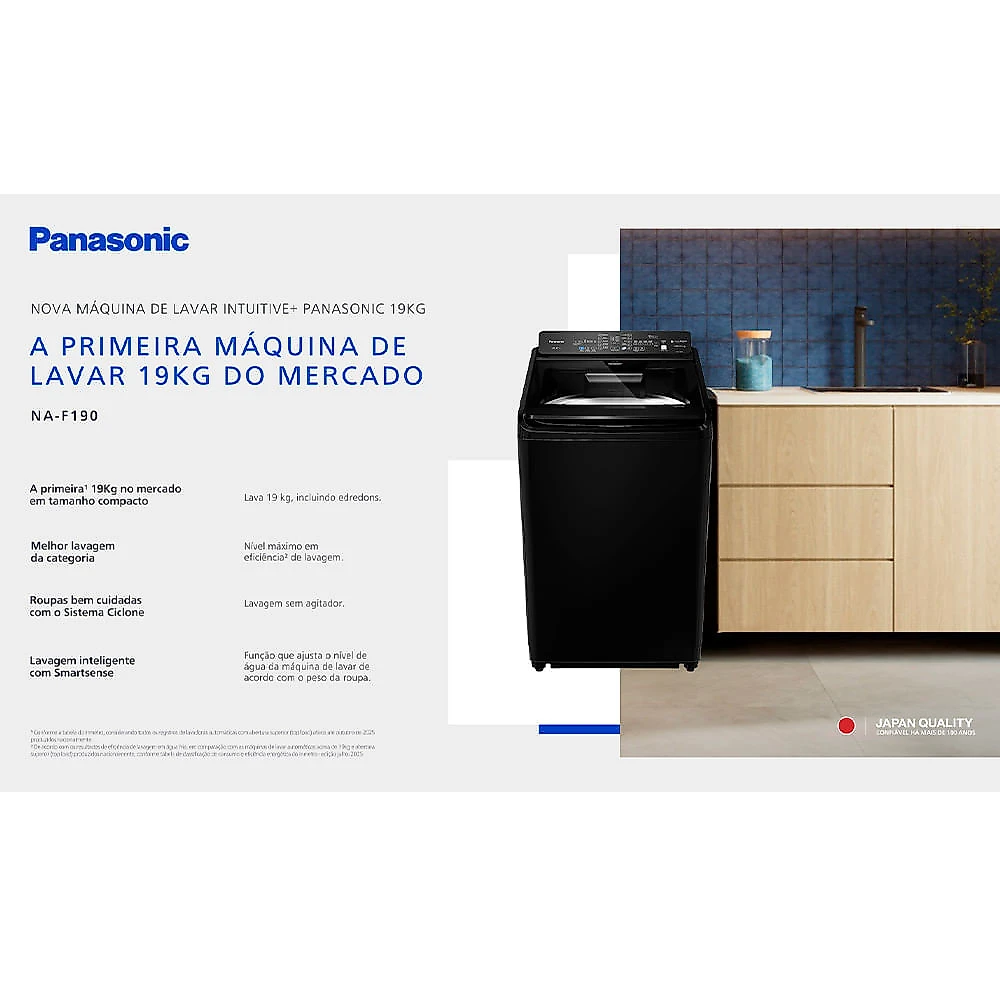 Lavadora de Roupas Intuitive+ Panasonic 19Kg Preta com 10 Programas de Lavagem e Smartsense - NA-F190G1 110