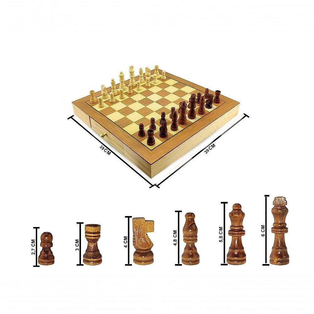 Jogo De Xadrez E Damas 2 Em 1 Profissional Hoyle Games Tabuleiro Grande 39x39cm Peças Em Madeira Com 2 Gavetas