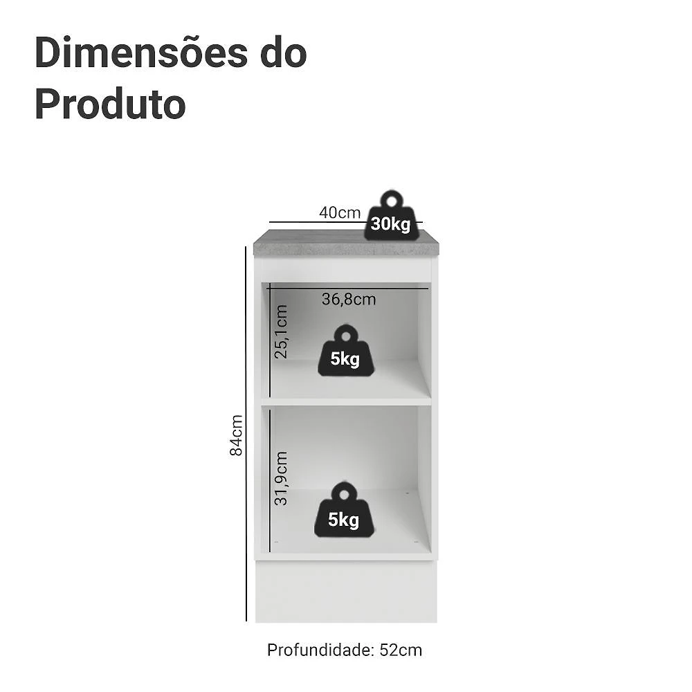 Balcão de cozinha 40 cm 1 porta branco vik madesa