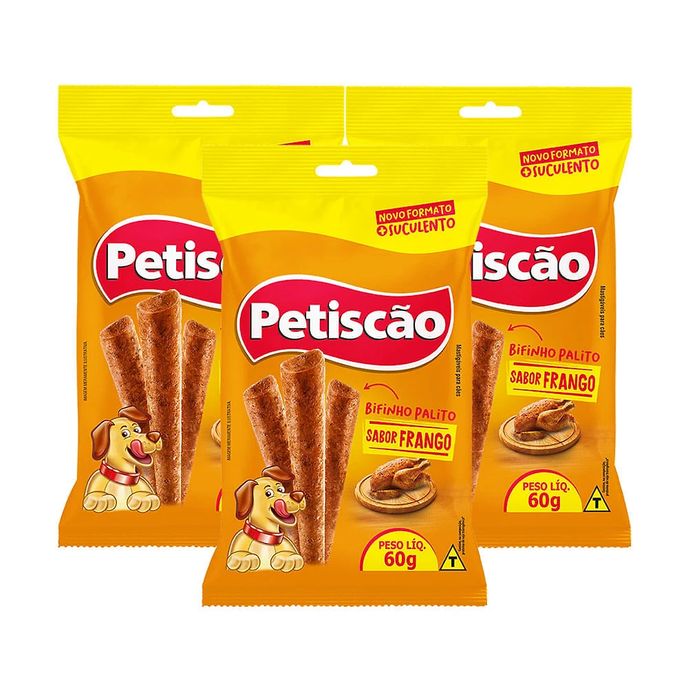 Bifinho Mastigável Petiscão Palito Sabor Frango 60g | Kit com três unidades