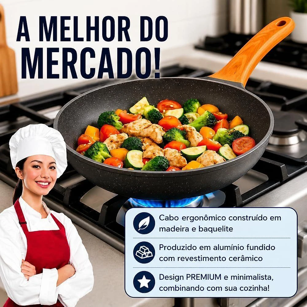 Frigideira de Cerâmica Antiaderente com Espátula 24CM 2,2L Preto 200W