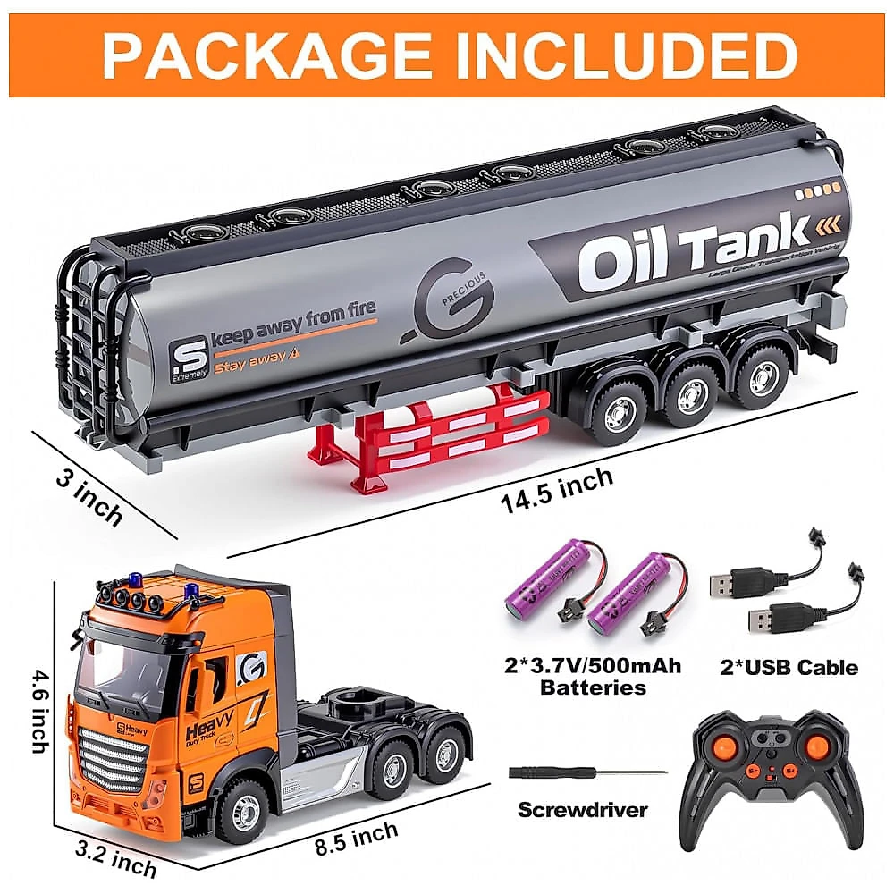 Caminhão Semi Truck de Controle Remoto com 9 Canais e Reboque de Metal, Caminhão Tanque de Óleo com Controle Remoto 2.4Ghz, Luzes e Sons, WEMOKA