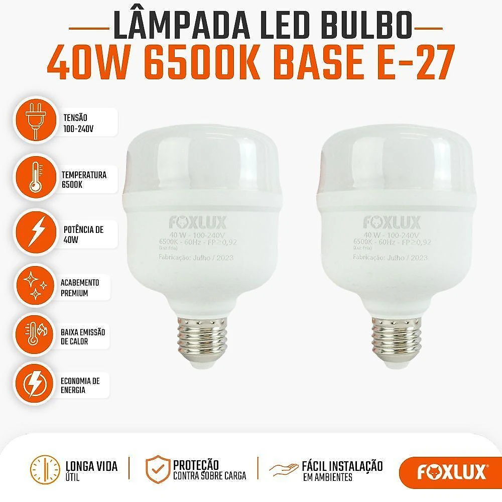 Lâmpada LED Alta Potência 40W 6500K Branco Frio Kit com 2 Foxlux