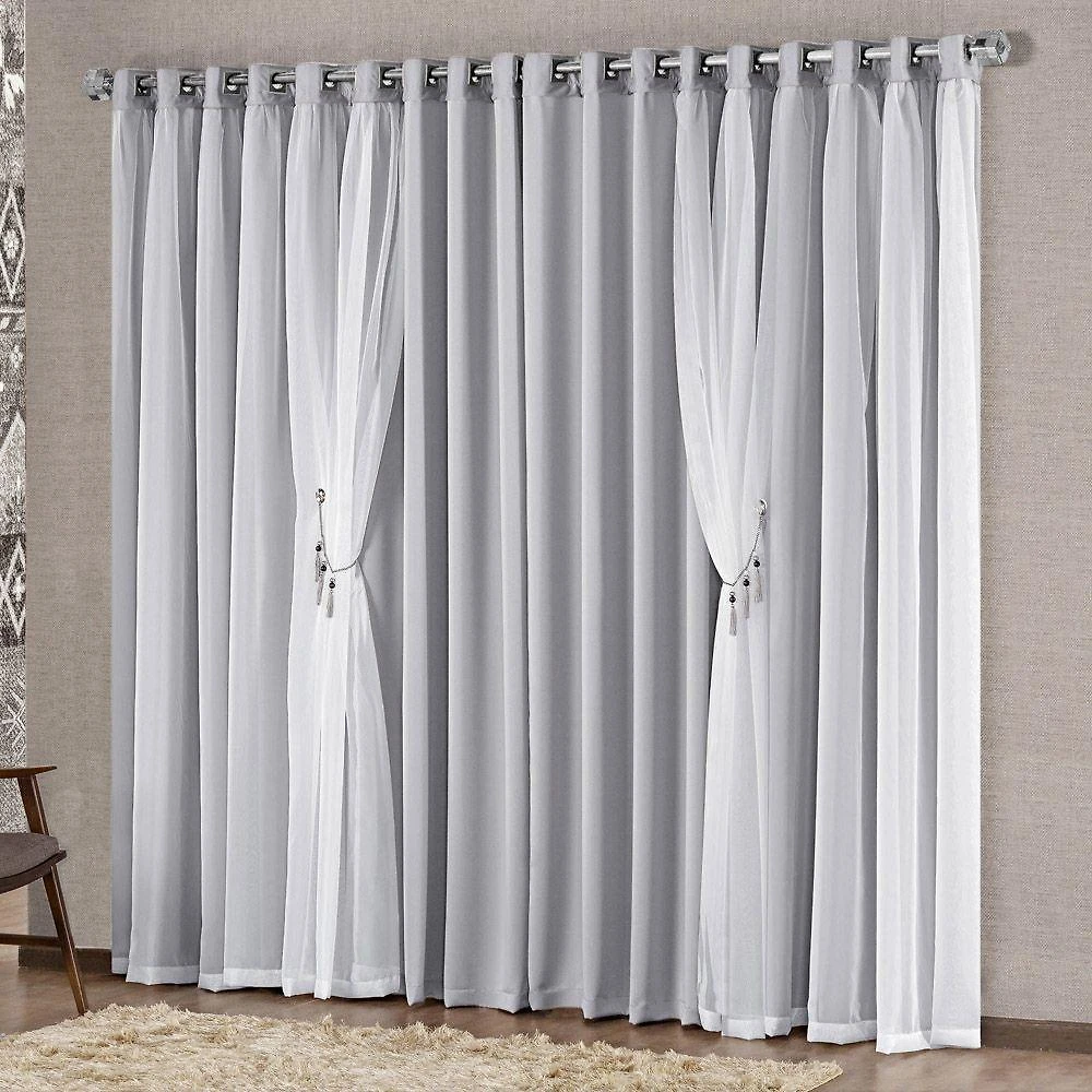 Cortina Mabelle 3,00M X 2,50M Semi Blackout Com Voal Premium Pingentes Sala Quarto - Cinza