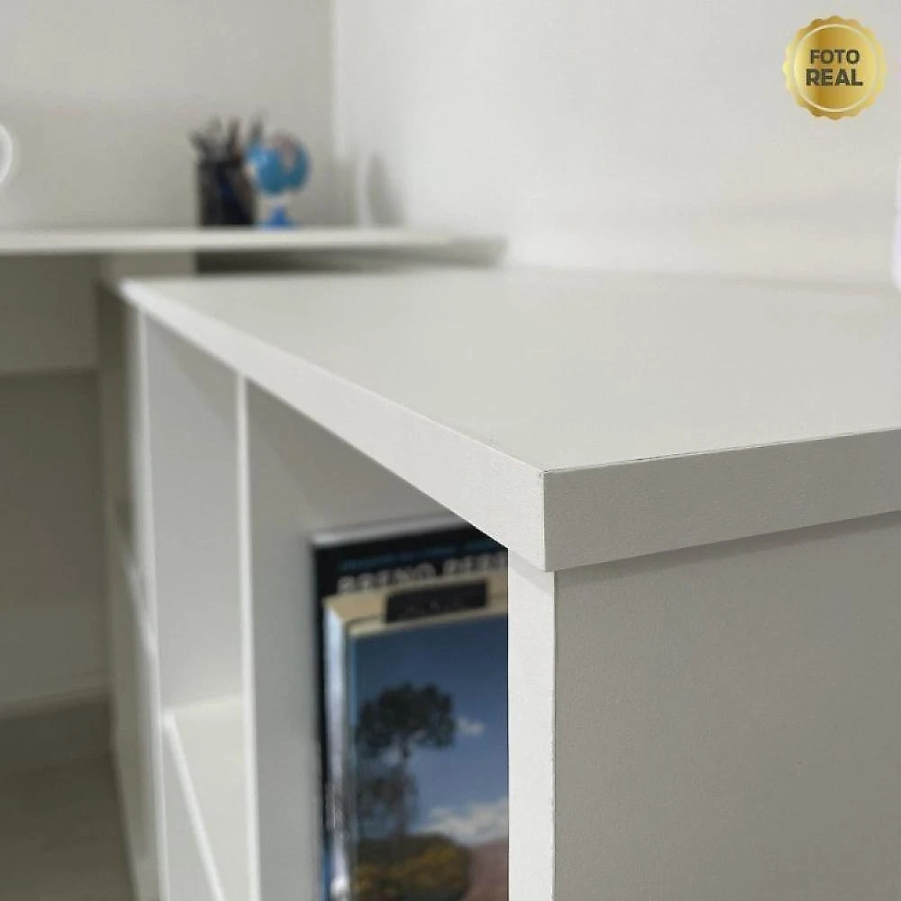 Kit 2 Peças com Escrivaninha em L Cubos e Estante Livreiro Conjunto para Escritório e Home Office com Mesa em L com Nichos e Estante com Nichos Branco