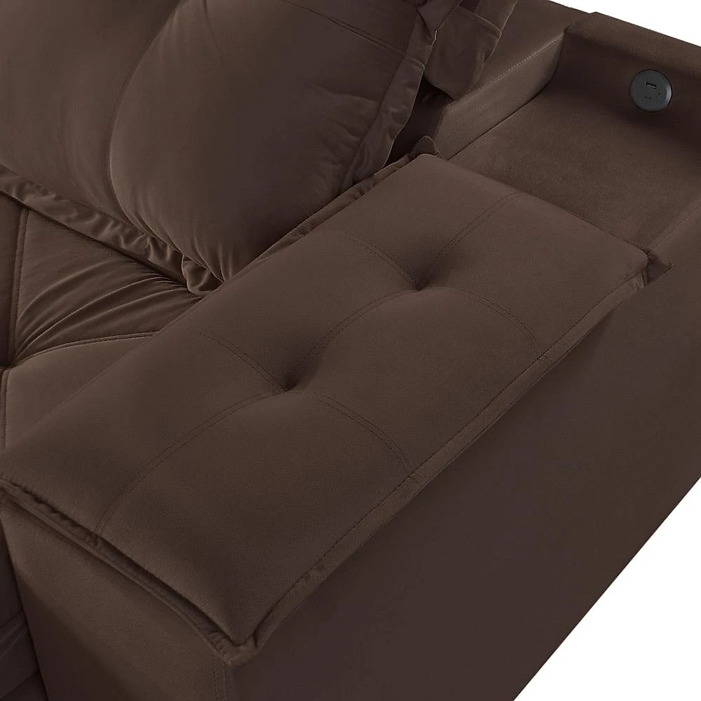 Sofá Retrátil e Reclinável com Entrada USB e Porta Copos 250cm Veneza Yescasa Sofá Retrátil e Reclinável 250cm M163 com Porta Copos Yescasa Veludo/Marrom Escuro