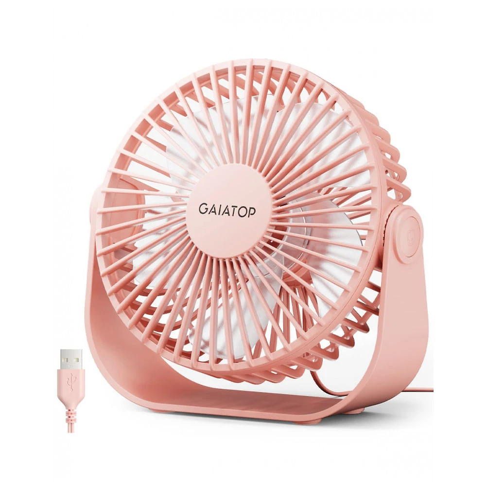 Ventilador de Mesa USB Gaiatop Rosa 14 cm, 3 Velocidades até 4,8 m/s 2500 RPM, Rotação 90°, Silencioso 40 dB, 5 Lâminas, Modelo TF55B, 5V (DC)